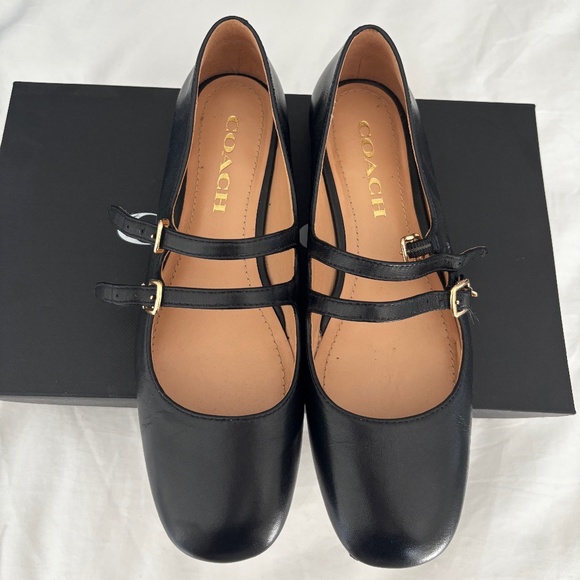 Coach Black Double Strap Flats with Gold Buckles - Picture 1 of 5